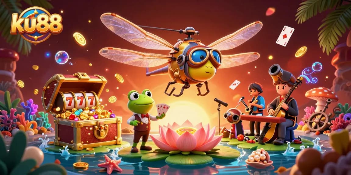 Experience the vibrant ku88 casino scene with a frog dealer and musicians among dazzling game elements.