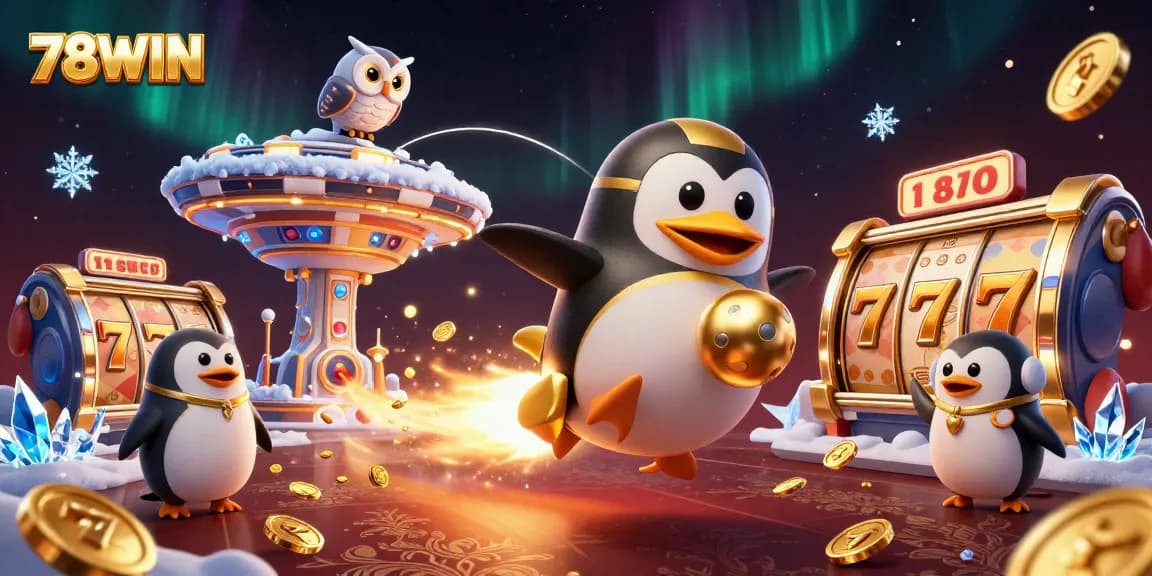 Engage with the vibrant world of 78WIN as a golden penguin heads towards a casino in space.