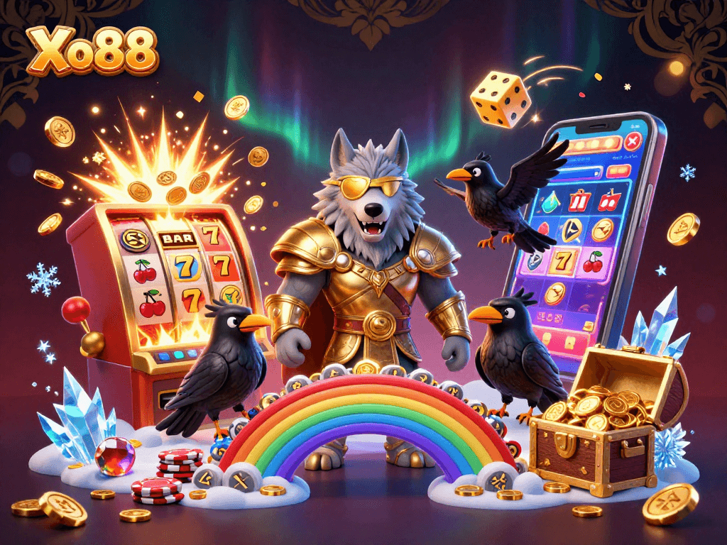 Xo88 features a Norse mythology-inspired wolf character amidst an exciting casino adventure.