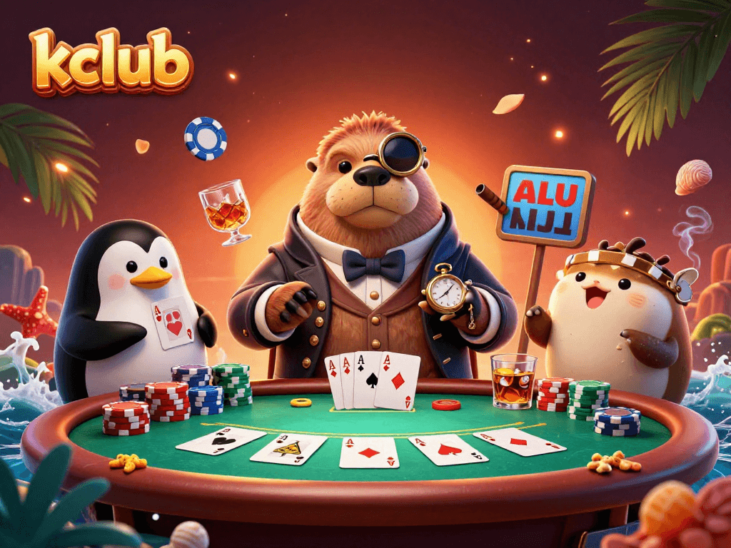 Engage with the exciting Kclub poker scene featuring a walrus in gear, dealer penguin, and playful pufferfish.
