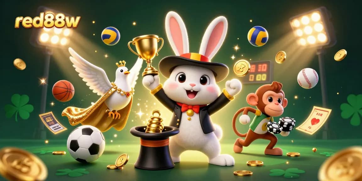 Engage with red88w and win big as the magician rabbit pulls coins amidst sports excitement.