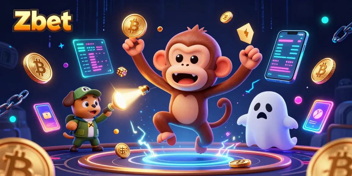 Zbet's exciting online gaming scene features a ghost-hunter puppy tracking a mischievous monkey juggling coins.