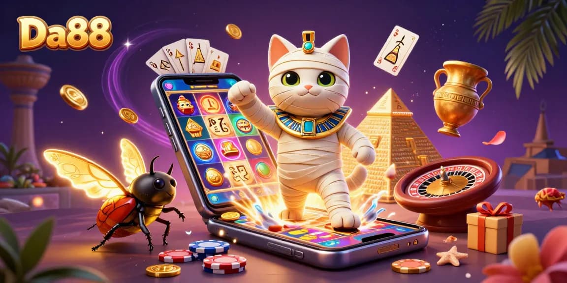 Experience Da88's thrilling casino adventure with a mummy cat and glowing scarab in 3D.