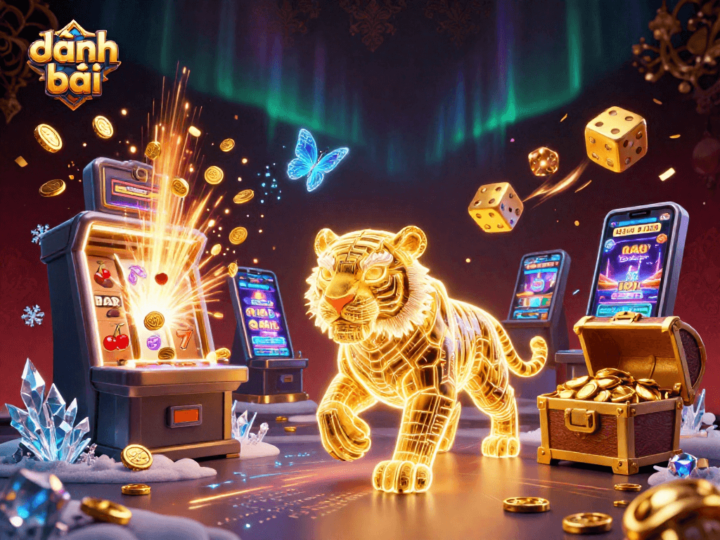 Experience exciting đánh bài in a vibrant digital casino landscape filled with golden winnings and neon elements.