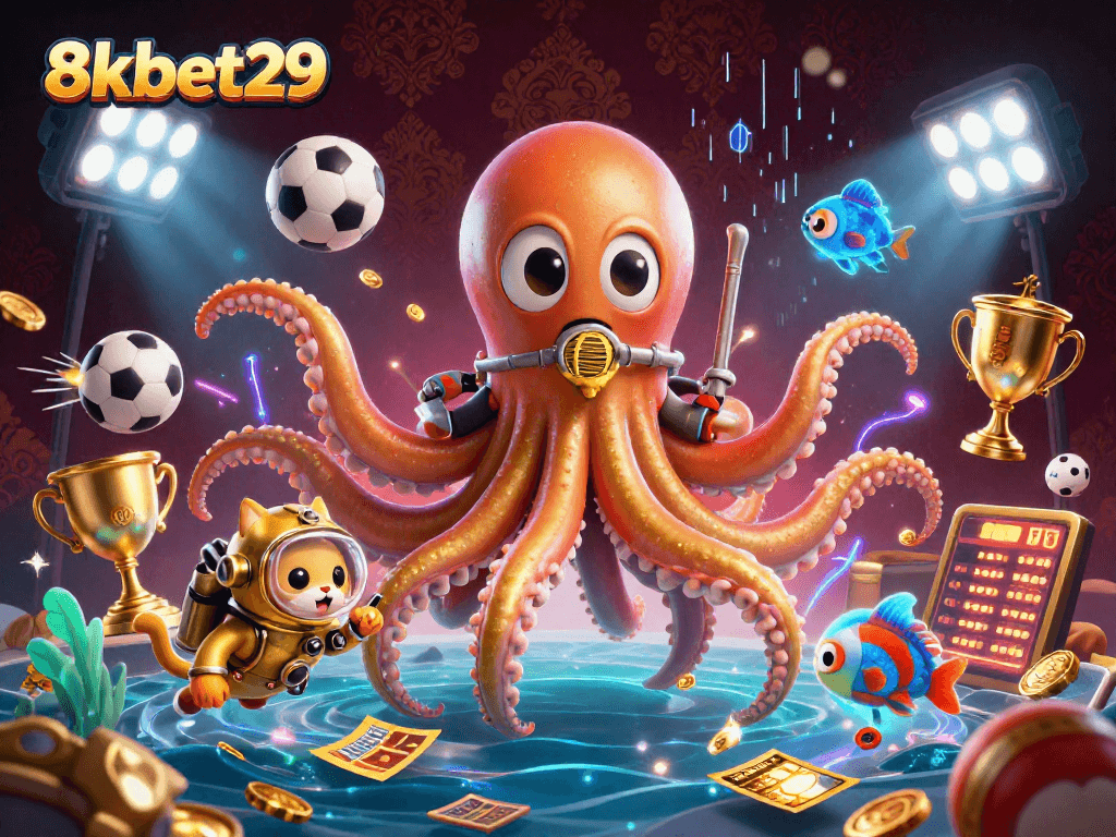 Engage with thrilling 8kbet29 action featuring a colossal kraken and diving cat amidst vibrant sports-themed elements.