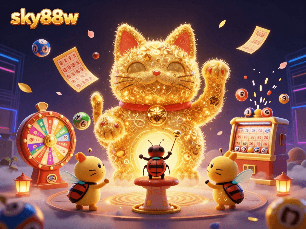 Experience winning with sky88w in this vibrant lottery-themed casino illustration.