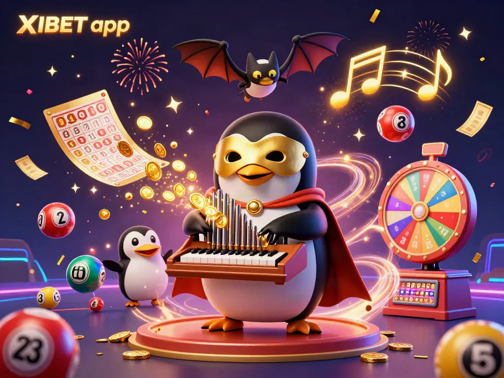 Experience the excitement of the XIBET app with a captivating 3D illustration featuring a magical penguin playing an organ amidst animated game elements.