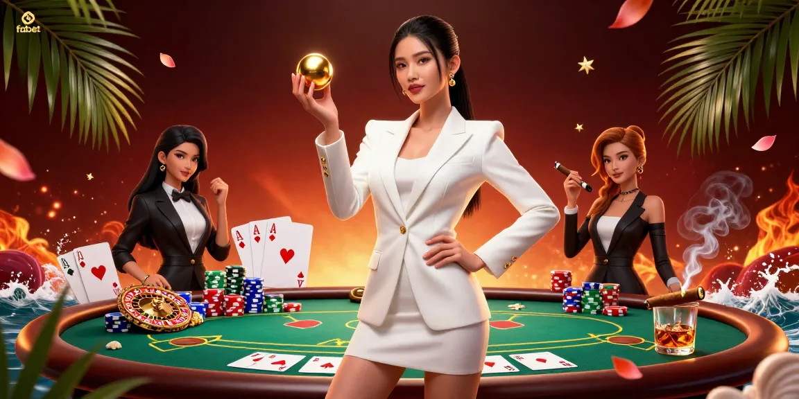 Join the fabet experience with a stunning Asian woman showcasing a golden roulette ball in an ultra-detailed 3D casino scene.