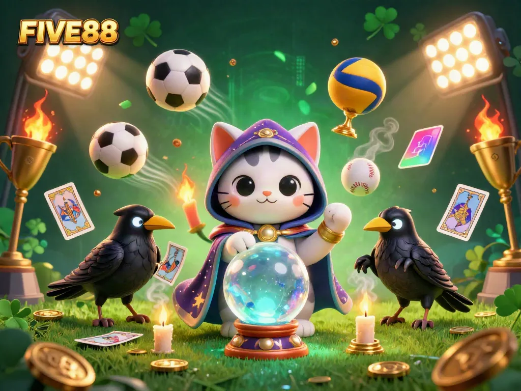 Experience thrilling gaming at FIVE88 with vibrant, animated casino scenes featuring mystic characters and dynamic sports elements.