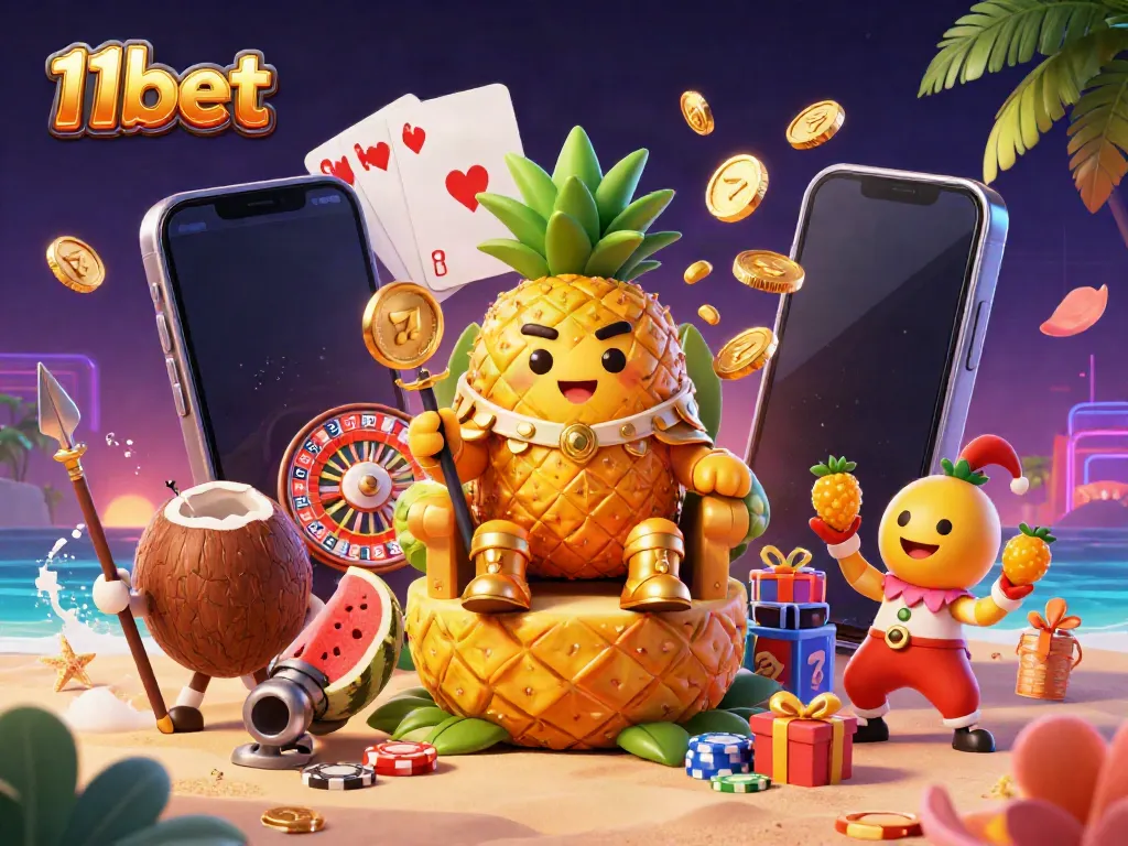 Engage in thrilling casino action with 11bet as the golden pineapple king leads a vibrant beach casino scene filled with colorful slot games.