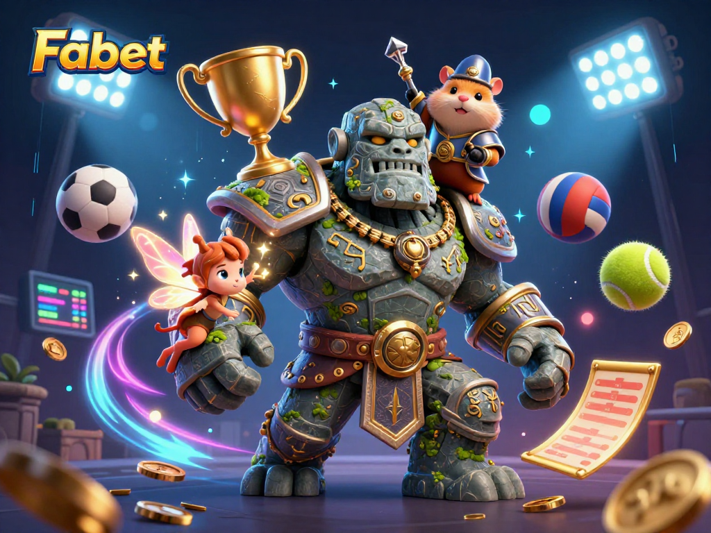 Experience thrilling gameplay at Fabet with a dynamic scene of a golem guardian, fairy, and hamster knight.