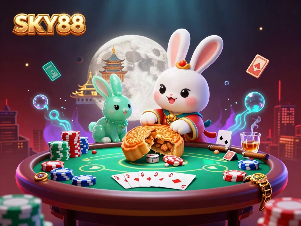 Experience the excitement of SKY88 as a moon rabbit reveals poker chips from golden mooncakes in a vibrant casino scene.