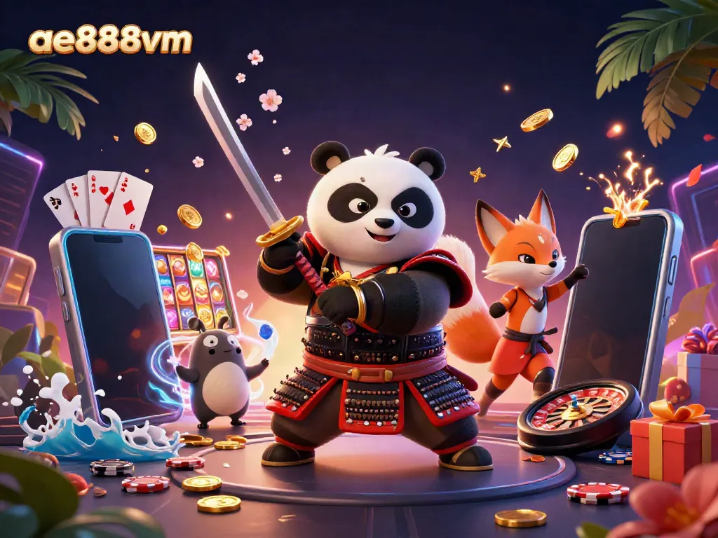 Engage with exciting slots at ae888vm featuring a vibrant scene of a samurai panda, ninja fox, and enchanting tanuki.