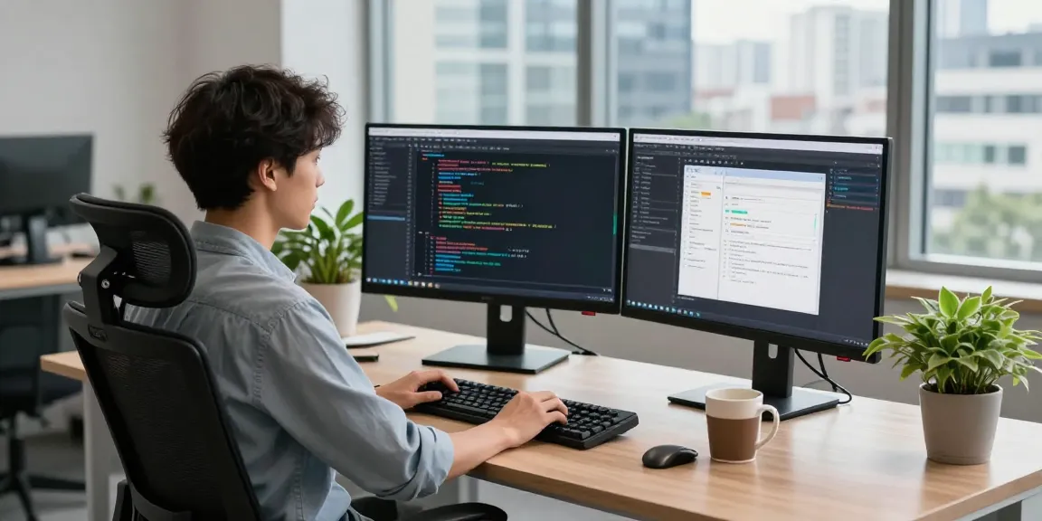 Developer at tech workspace using 快连 software on dual monitors with city view