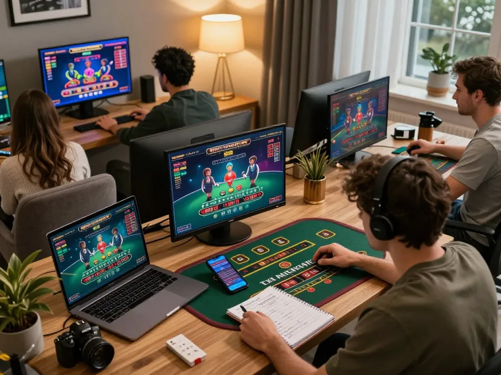 Engaging players explore Say88's live dealer games in a cozy home office setting.