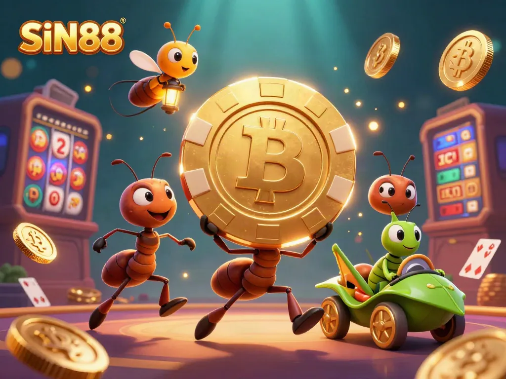 SIN88's animated heist with ants carrying a golden poker chip in a casino setting filled with vibrant elements.