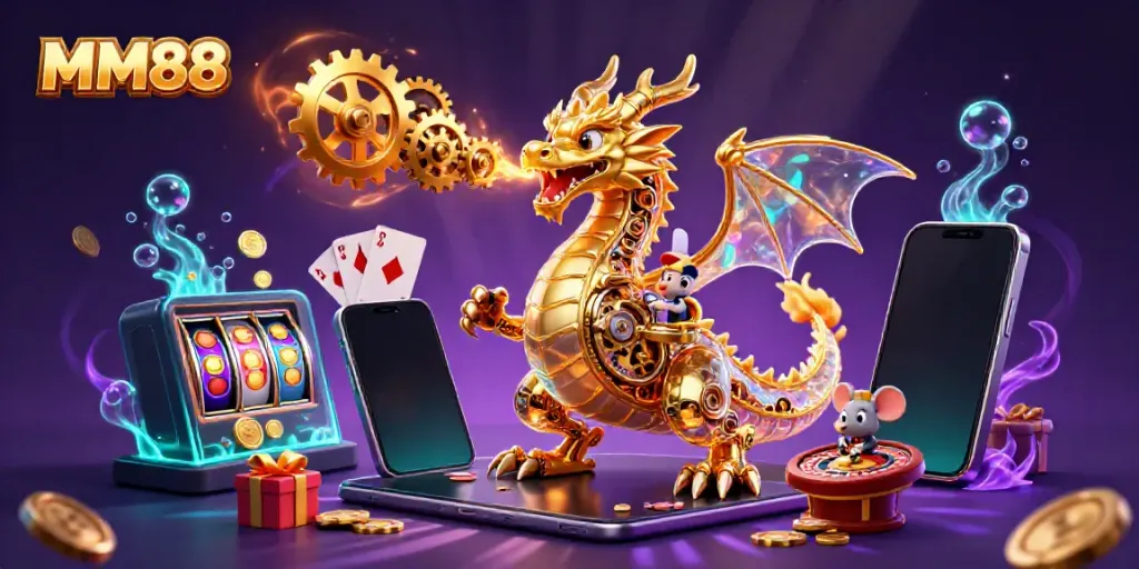 Engage with MM88's rich 3D gaming world showcasing a golden dragon amid vibrant casino elements.