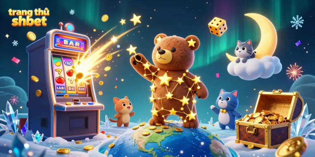Experience thrilling wins at trang chủ shbet, where a celestial bear collects coins near a jackpot slot machine.