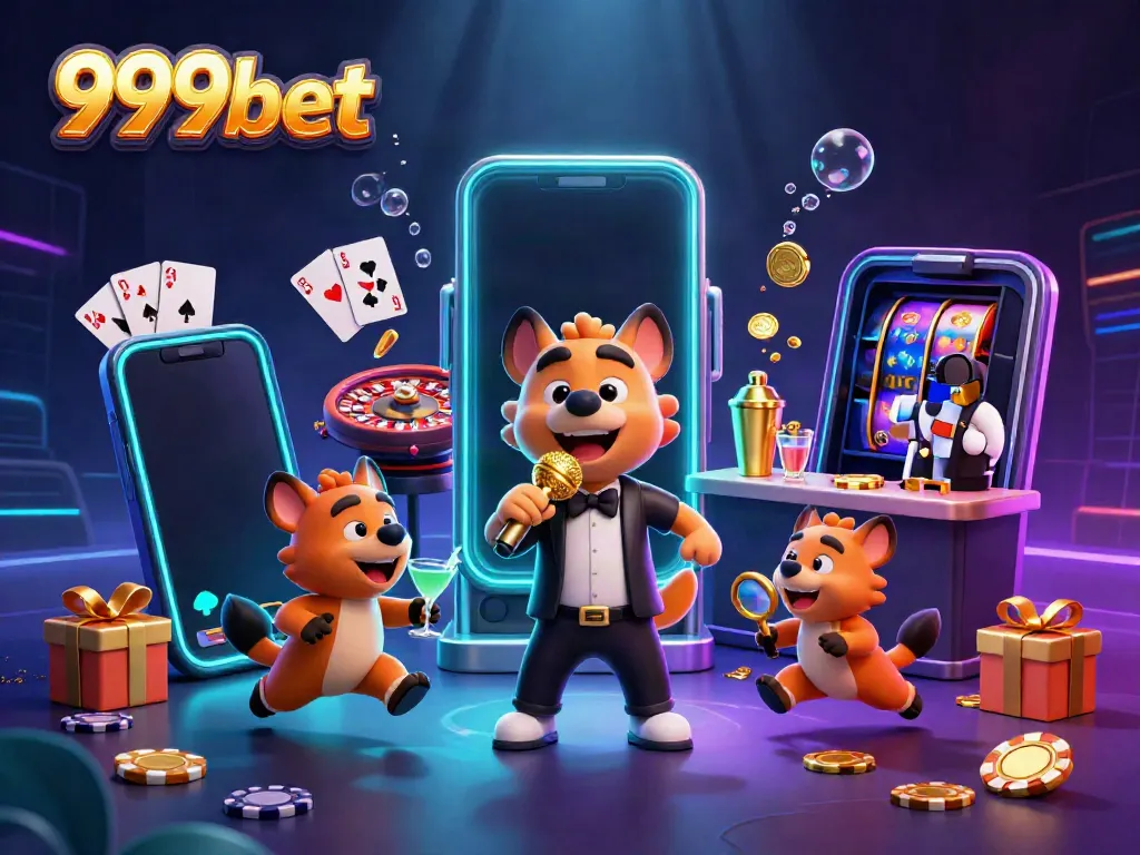 Experience exciting games at 999bet with engaging casino characters and vibrant game elements in a dynamic scene.