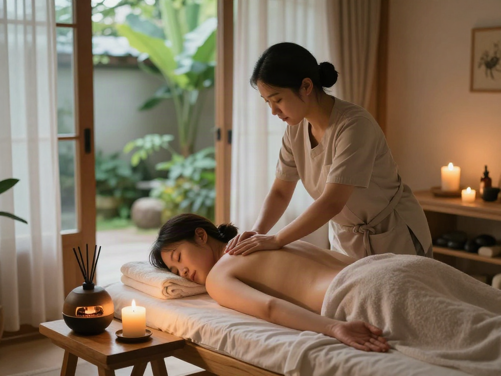 Relaxing 의정부출장마사지 scene in a calming home environment with soft lighting and therapeutic elements.