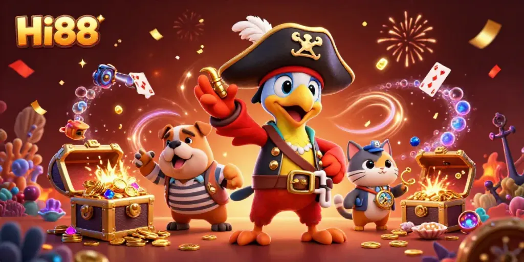 Experience excitement at Hi88 with engaging 3D characters amidst a treasure-filled casino scene.