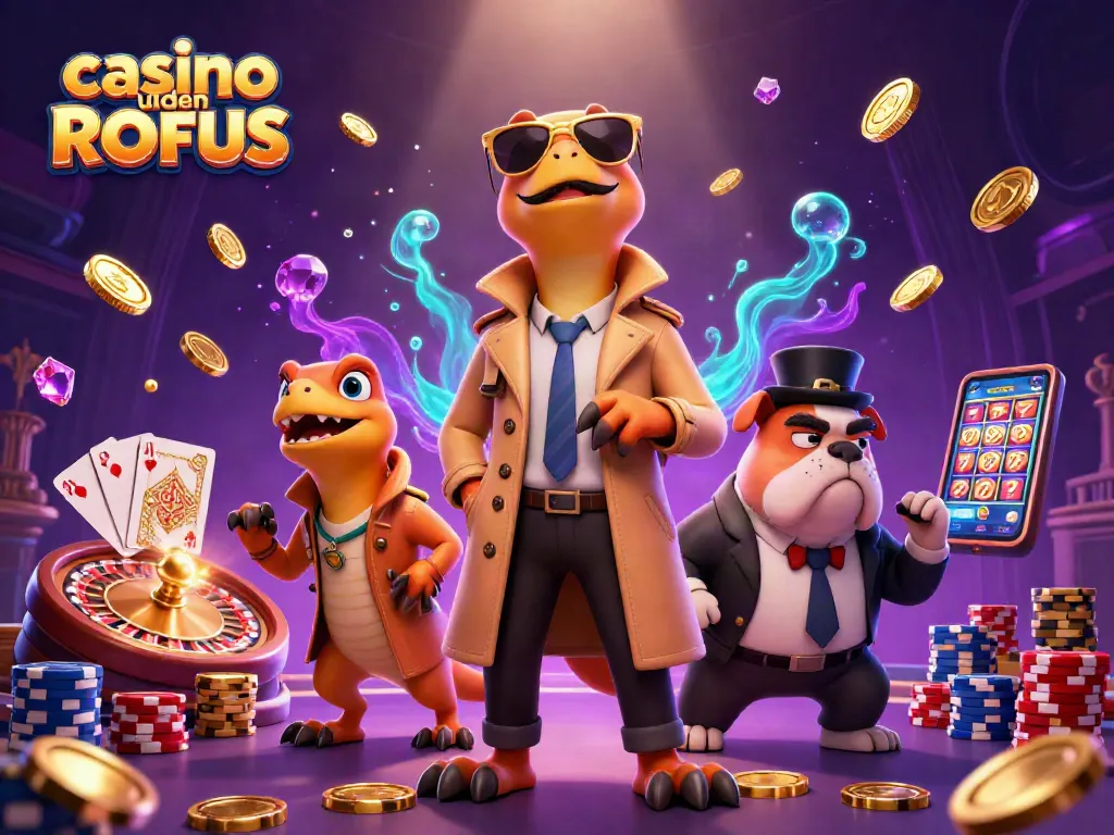 Engage with casino uden ROFUS, featuring animated raptors and a bouncer in a vibrant VIP lounge