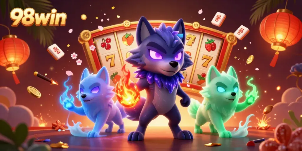 Win exciting jackpots with 98win's vibrant 3D casino illustration featuring lucky symbols and lively characters.