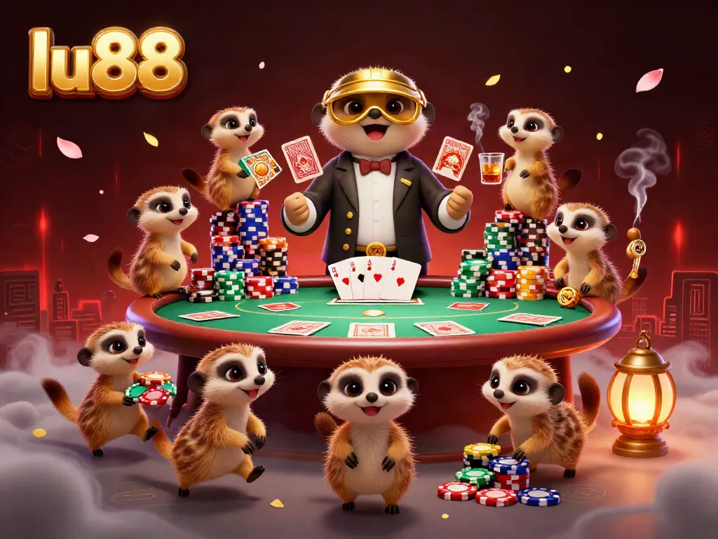 Experience the lively circus of casino activities with meerkats at lu88 showcasing poker tables and colorful chips.
