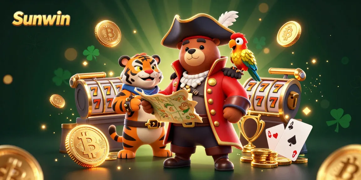 Join the thrilling journey with Sunwin's casino adventure featuring cartoon characters and eye-catching game elements.