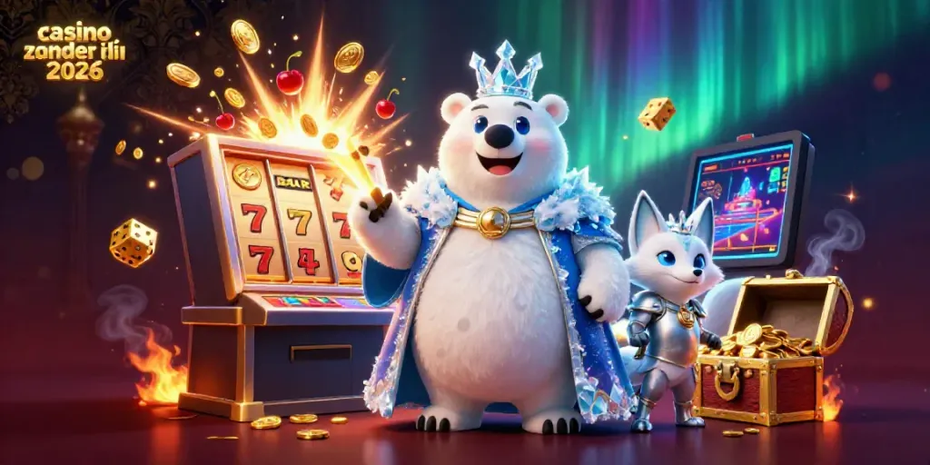Experience the excitement of casino zonder idin 2026 with a vibrant 3D illustration of a polar bear and snow fox amidst dynamic casino elements.