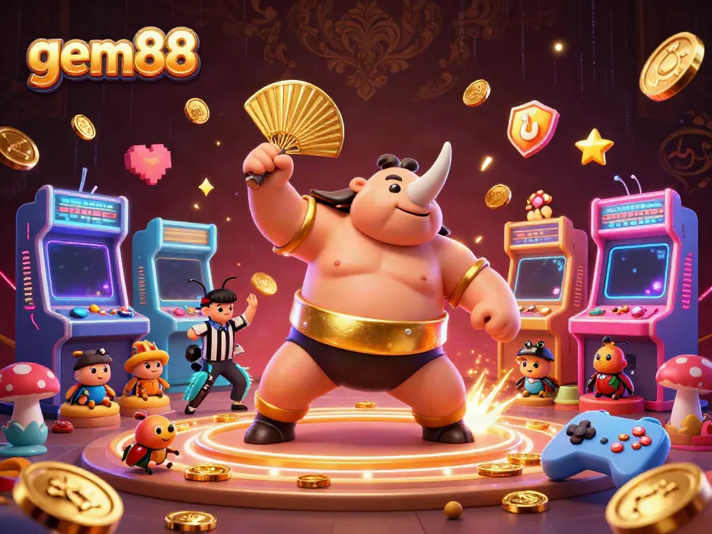 Experience the thrill of gem88 with a dynamic scene featuring a sumo beetle champion sending coins flying in an arcade world.