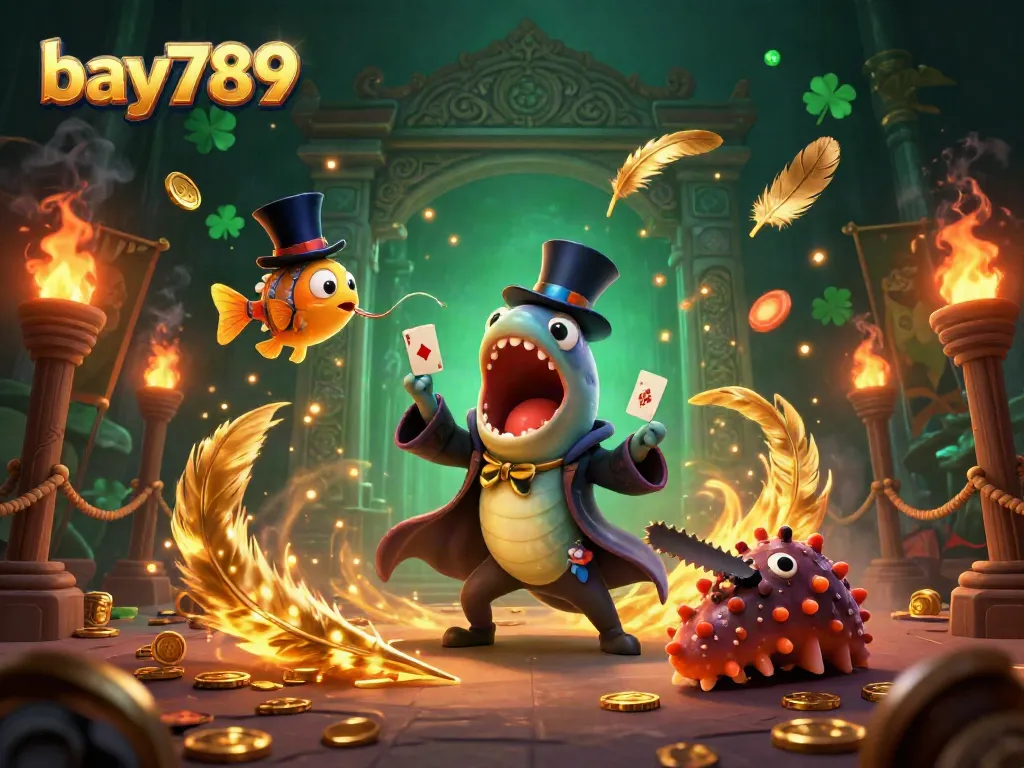 Experience the excitement of bay789 with a dynamic 3D casino scene featuring a magician eel and card tricks.