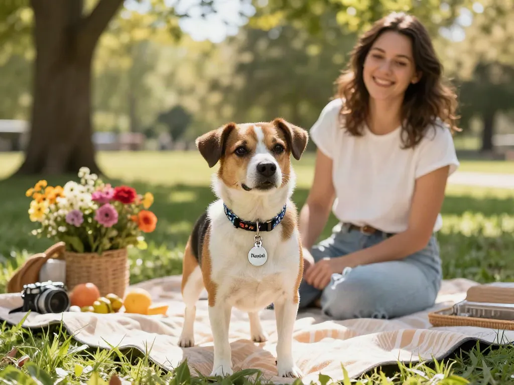 Hondenpenning graveren met naam op een blije hond in het park.