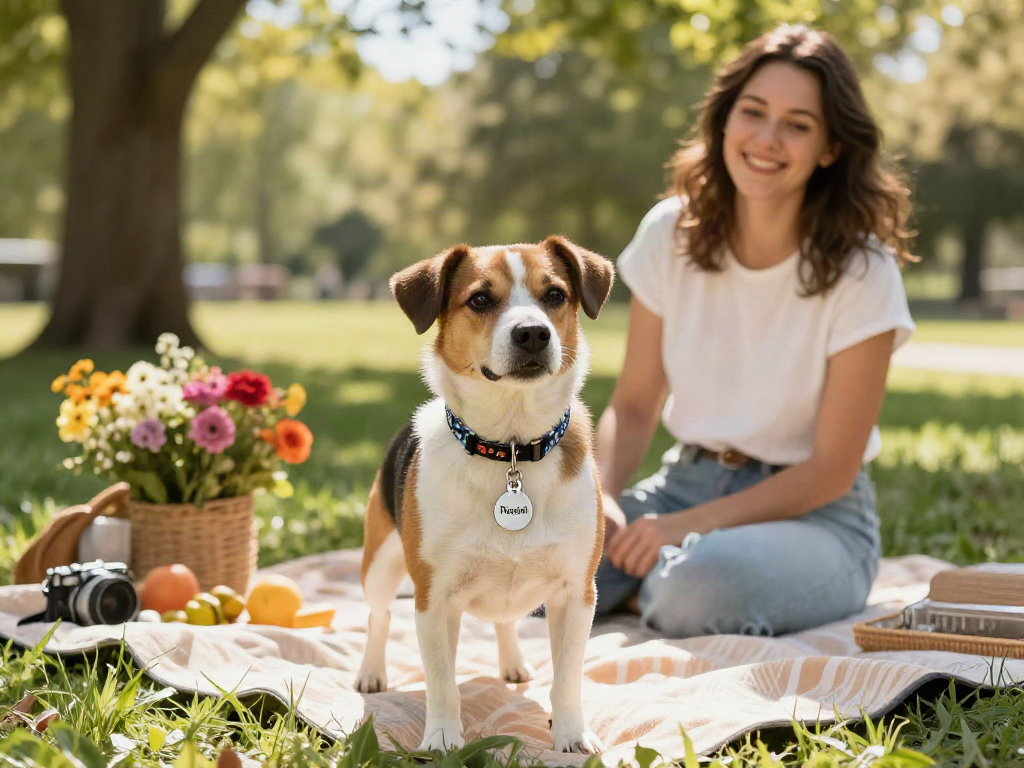 Hondenpenning graveren met naam op een blije hond in het park.