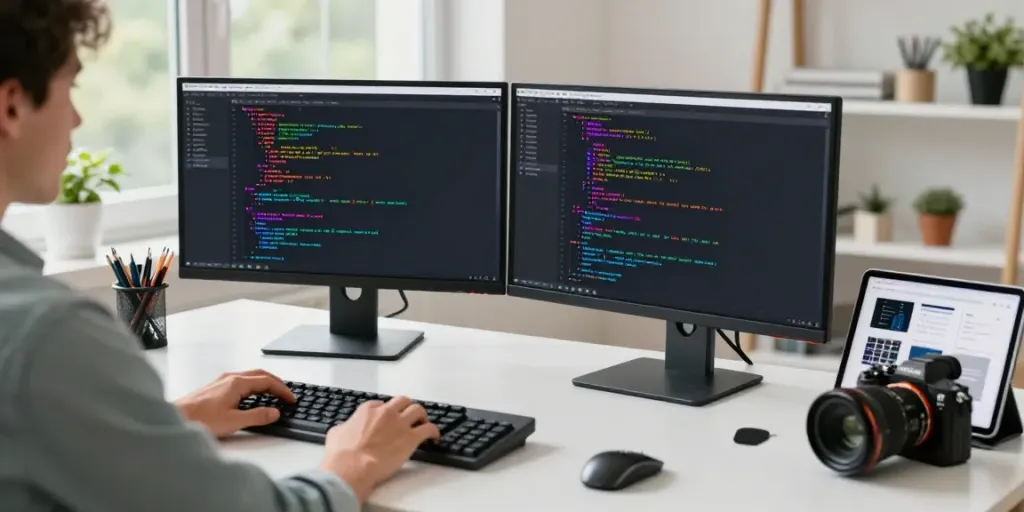 Een .nl domein registreren in een moderne werkruimte met een ontwikkelaar die aan het coderen is.