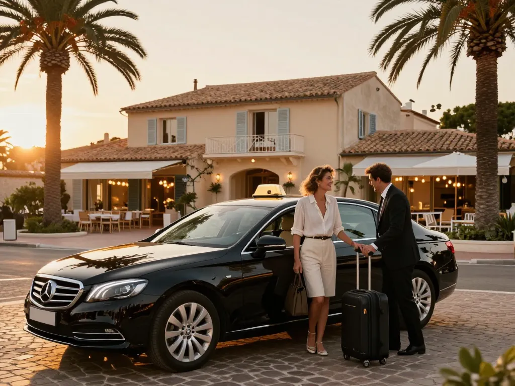 Taxi St Tropez offrant un transport de luxe aux voyageurs dans un cadre de coucher de soleil glamour, mettant en valeur un véhicule élégant et un couple stylé.
