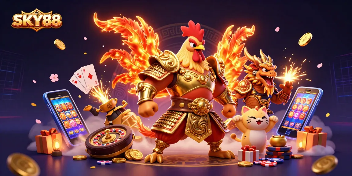 SKY88 showcases a dynamic 3D scene with a rooster warrior and dragon amidst exciting casino games.