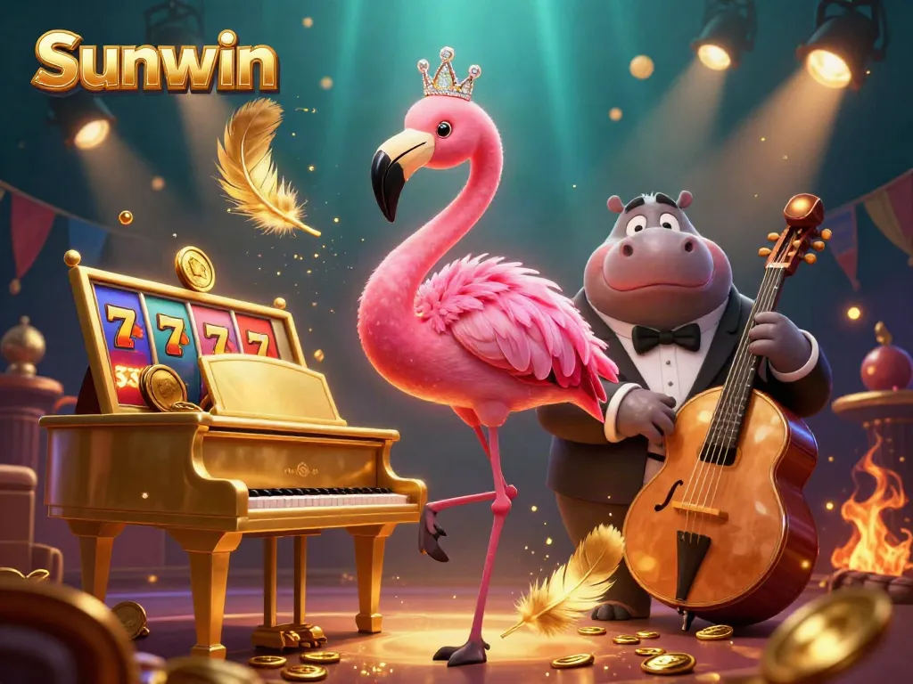Engage with dazzling Sunwin casino experience featuring flamingo singer and hippo bassist amidst lively slot game elements.