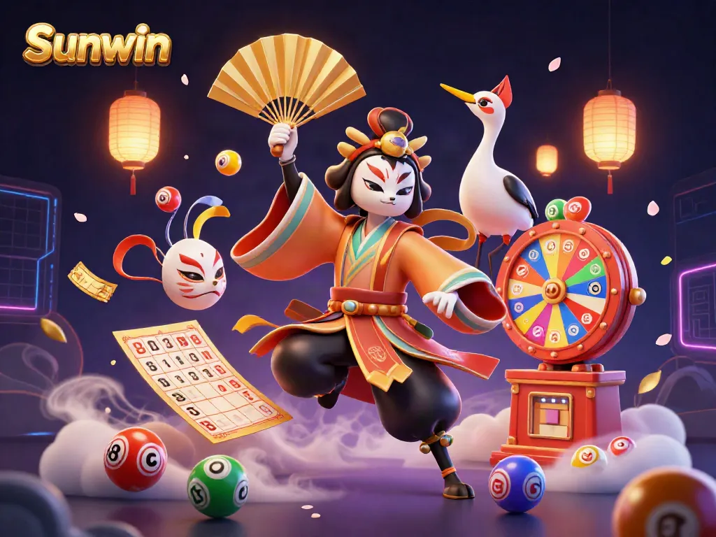 Experience excitement with Sunwin in this vibrant 3D casino illustration showcasing dynamic gaming elements.