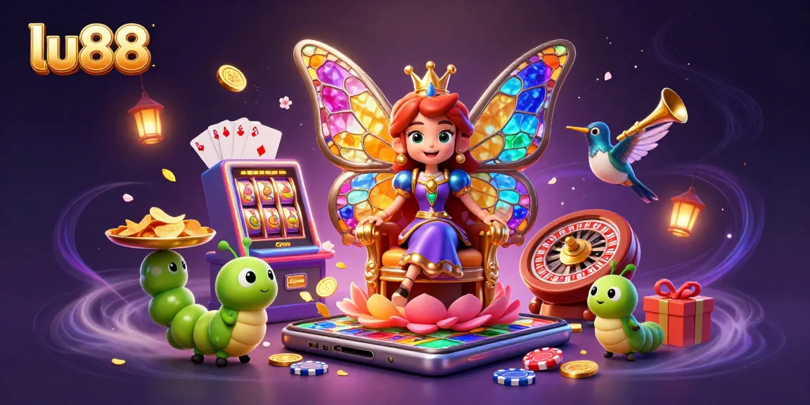 Experience casino magic with lu88's vibrant slot games featuring a butterfly queen reigning amidst golden riches.