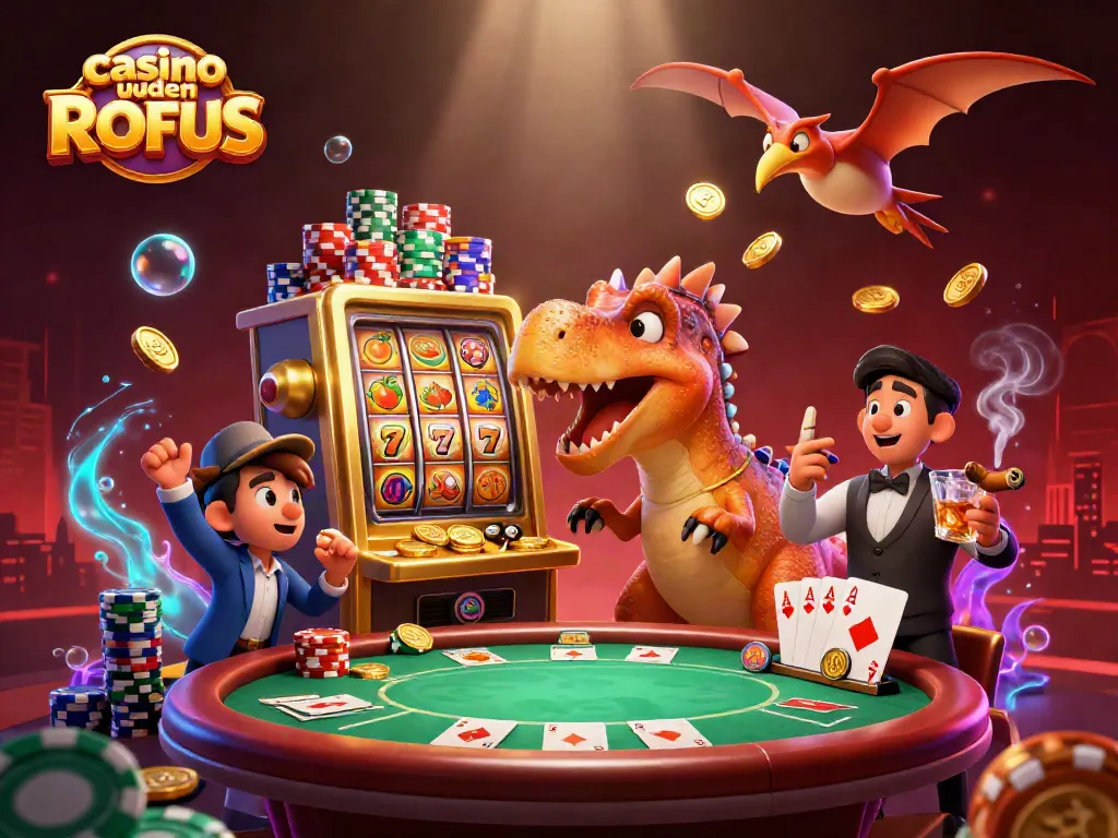 Catch flying coins at casino uden ROFUS with pachycephalosaurus, slot machine, and pteranodon.