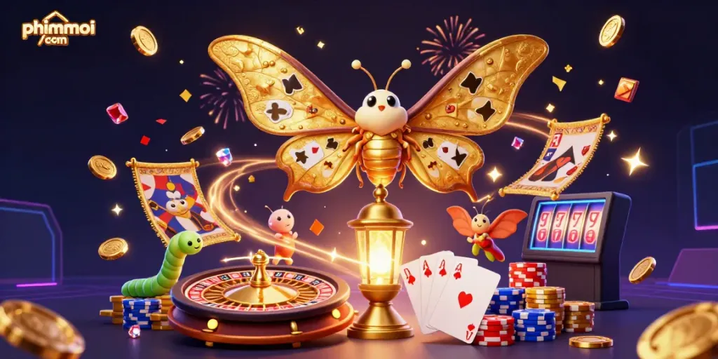 Experience the thrills with phimmoi/com - a vibrant digital casino scene featuring playful moths and sparkling game elements.
