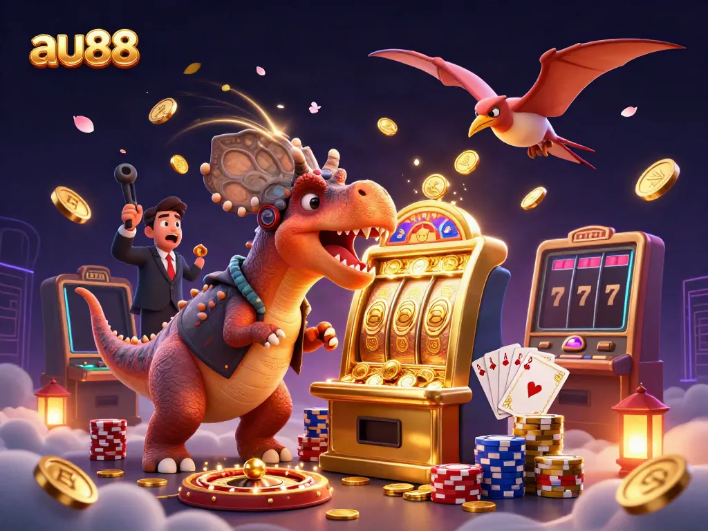 Experience the thrill of au88 with a 3D cartoon scene of a dinosaur winning at the slots amid flying coins.