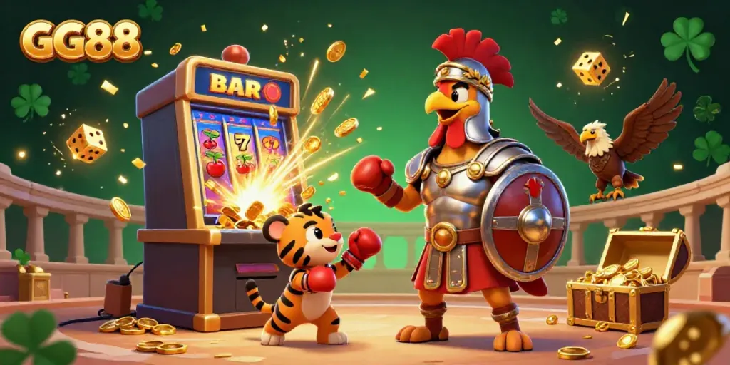 Experience GG88's thrilling jackpot action with a dynamic 3D casino illustration of a rooster gladiator and vibrant game elements.