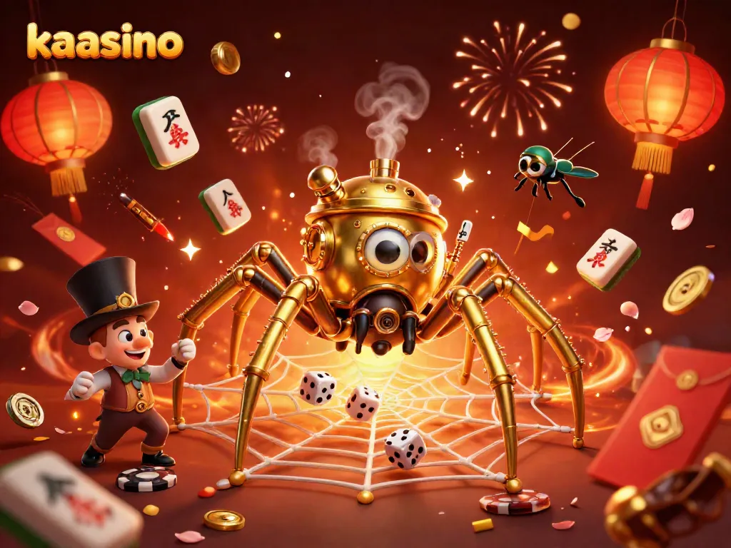 Experience thrilling action at kaasino with a steampunk twist featuring a golden spider and fun casino elements.