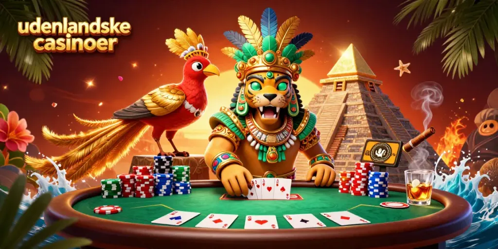 Engaging illustration showcasing udenlandske casinoer with vibrant characters, poker elements, and tropical decor.