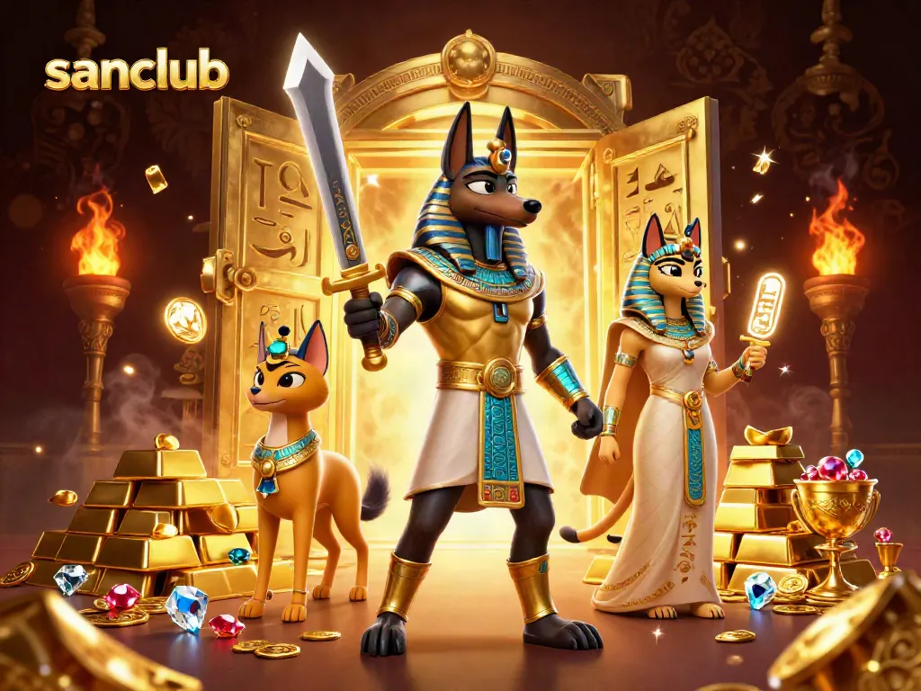 Engage with thrilling gameplay at sanclub, illustrated with ancient Egyptian warriors and treasures.