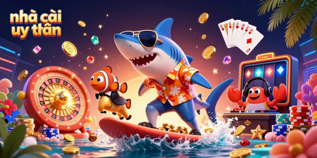 Exciting scene with nhà cái uy tín characters and casino elements celebrating winning moments.