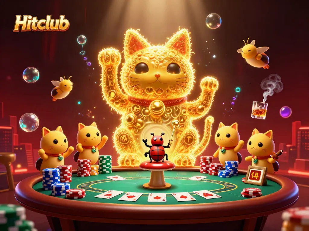 Engage in thrilling gameplay at Hitclub with vibrant symbols and a friendly lucky cat guiding the action.