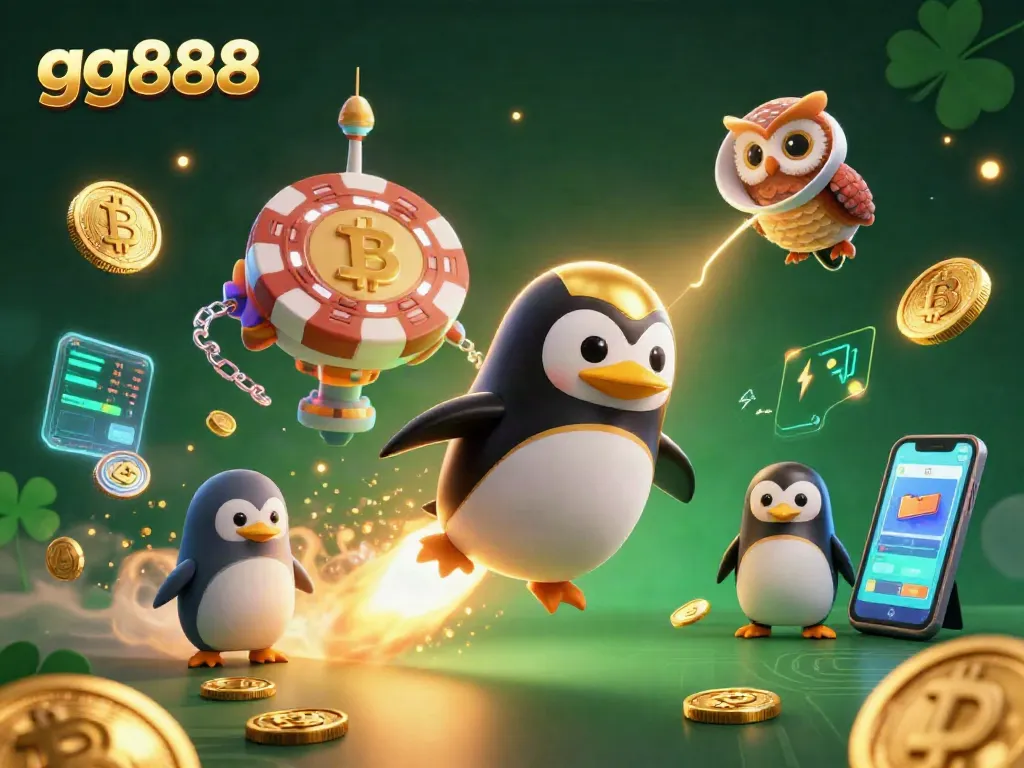 Spin to win with gg888 at a vibrant casino adorned with glowing crypto coins.